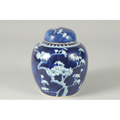 19 - A CHINESE BLUE AND WHITE PORCELAIN PRUNUS JAR AND COVER, (cover repair), 14.5cm high.