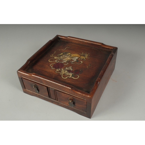 22 - A CHINESE SHELL INLAID HARDWOOD BOX, the front with two pull-out drawers, 20cm square.