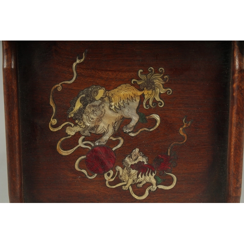 22 - A CHINESE SHELL INLAID HARDWOOD BOX, the front with two pull-out drawers, 20cm square.