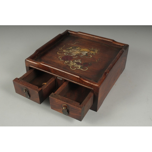 22 - A CHINESE SHELL INLAID HARDWOOD BOX, the front with two pull-out drawers, 20cm square.