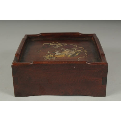 22 - A CHINESE SHELL INLAID HARDWOOD BOX, the front with two pull-out drawers, 20cm square.