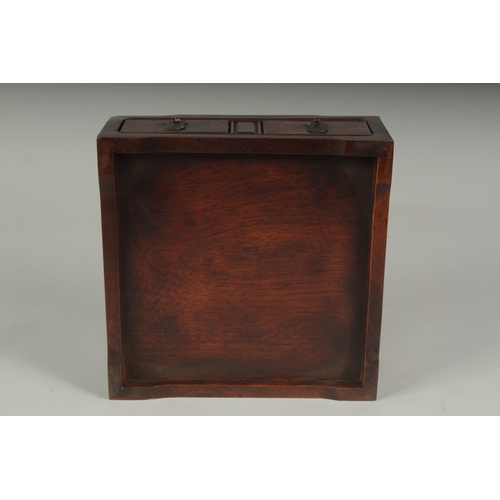 22 - A CHINESE SHELL INLAID HARDWOOD BOX, the front with two pull-out drawers, 20cm square.