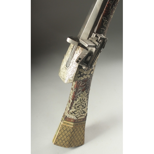 261 - A VERY FINE OTTOMAN TURKISH SILVER, BRASS, AND BONE INLAID FLINTLOCK RIFLE, with watered steel barre... 