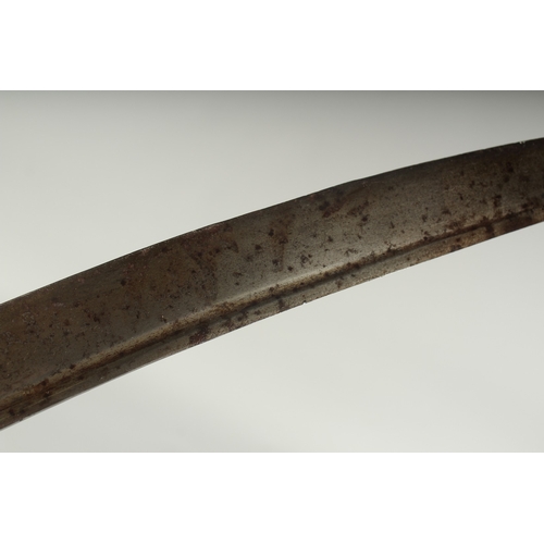 262 - A FINE 18TH CENTURY SOUTH INDIAN TULWAR SWORD, the blade with engraved Hindu deities, 93cm overall.