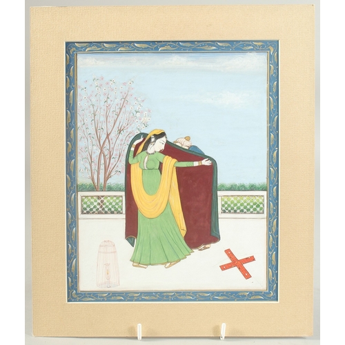 297 - AN INDIAN PAHARI OR PUNJAB HILLS PAINTING of a lady hiding her lover, with mount-board surround; unf... 