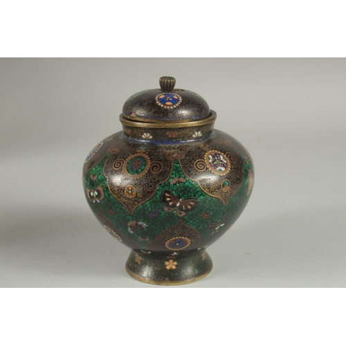 3 - A FINE CLOISONNE ENAMEL KORO, with glittered green enamel band with butterflies and decorative mon, ... 