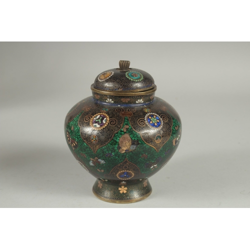 3 - A FINE CLOISONNE ENAMEL KORO, with glittered green enamel band with butterflies and decorative mon, ... 