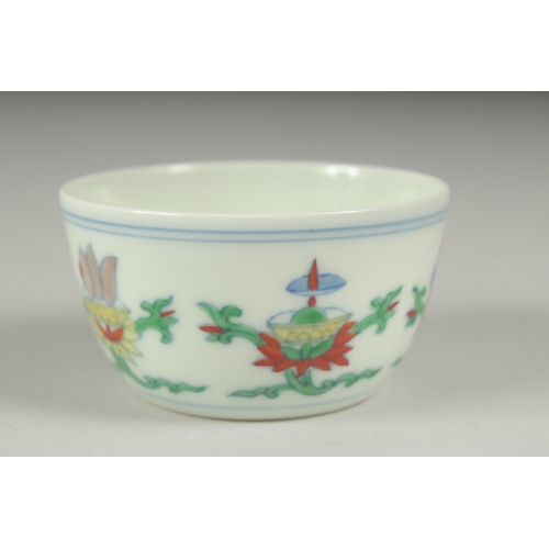 36 - A CHINESE DOUCAI PORCELAIN CUP, character mark to base, 7cm diameter.