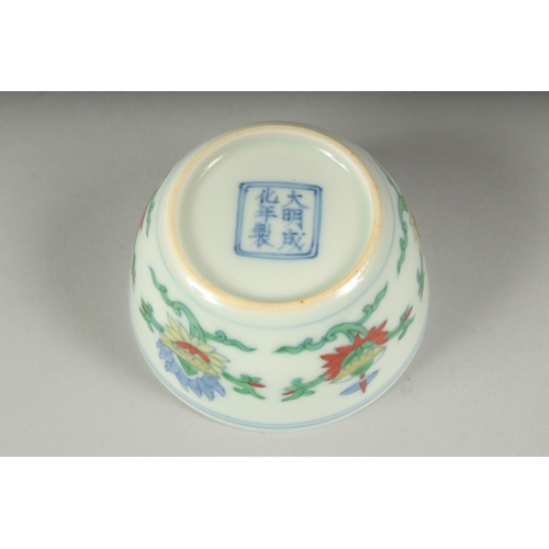 36 - A CHINESE DOUCAI PORCELAIN CUP, character mark to base, 7cm diameter.