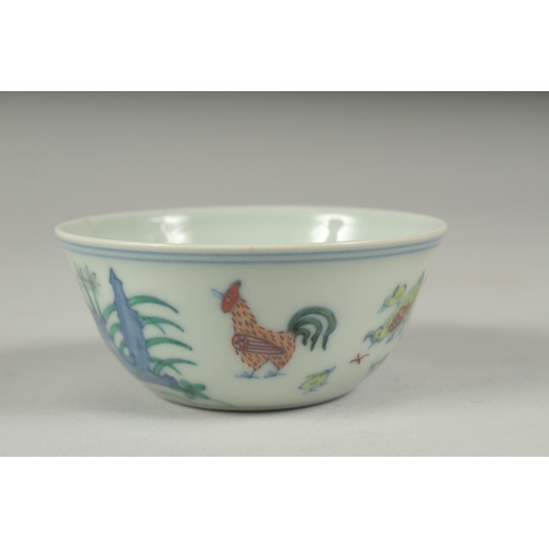 38 - A CHINESE DOUCAI PORCELAIN CHICKEN CUP, 8.5cm diameter.