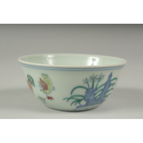 38 - A CHINESE DOUCAI PORCELAIN CHICKEN CUP, 8.5cm diameter.