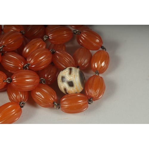 43 - AN EARLY 20TH CENTURY AMBER BEADED NECKLACE AND DZI BEAD, (2).