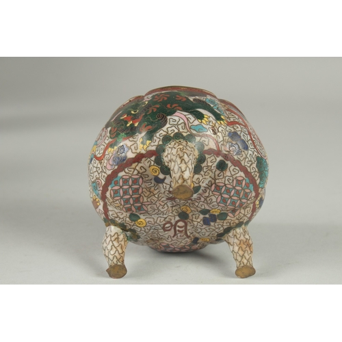 5 - A CLOISONNE TRIPOD CENSER AND COVER, decorated with foo dogs and stylised clouds, 10cm high.