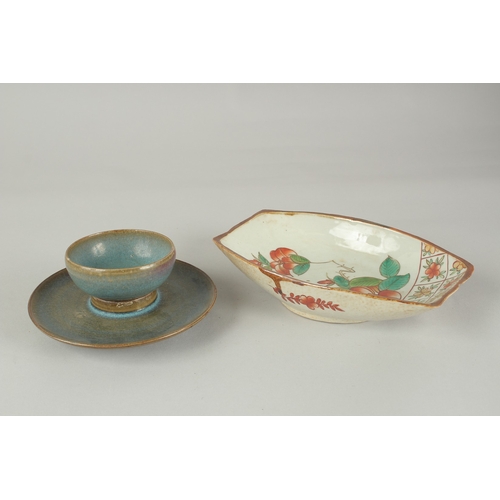 62 - A CHINESE WUCAI PORCELAIN DISH AND A JUN WARE CUP AND SAUCER, (3 pieces).