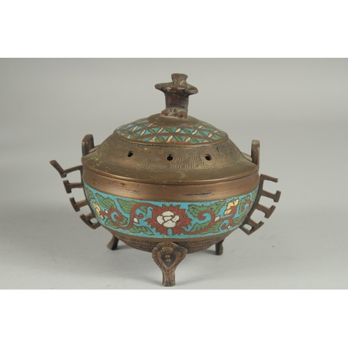 7 - A CHINESE CHAMPLEVE ENAMEL CLOISONNE CENSER AND COVER, raised on tripod legs, 15cm high.