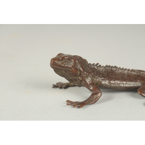 73 - A JAPANESE BRONZE OKIMONO OF A LIZARD, with mark to underside, 15cm long.