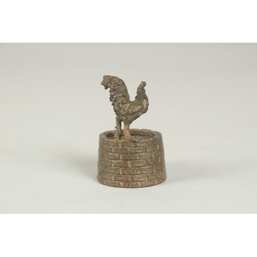 76 - A JAPANESE BRONZE OKIMONO OF CHICKEN, stood upon a well with a toad inside, inscribed to bottom edge... 