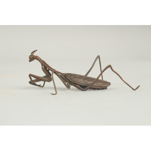 79 - A JAPANESE BRONZE OKIMONO OF A PRAYING MANTIS, with reticulated limbs and wings, body 7.5cm long.