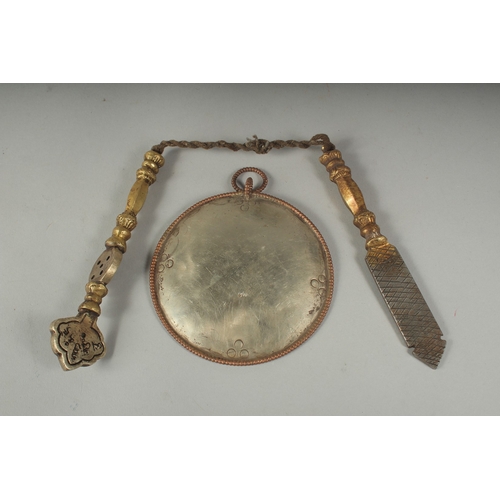 87 - A TIBETAN MIRROR AND TANTRIC MEDICINE TOOL, (2).