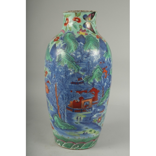 94 - A LARGE CHINESE BLUE AND WHITE PORCELAIN VASE WITH LATER FAMILLE ROSE DECORATION, the blue and white... 