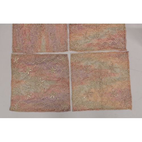 1014 - A GOLD THREAD EMBROIDERED TABLE RUNNER with six matching squares.