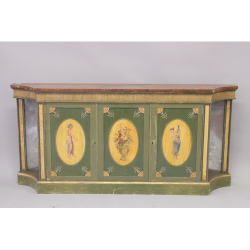 1024 - A VERY GOOD PAIR OF PAINTED SHERATON SIDE CABINETS, FAUX SATINWOOD, painted with garlands, the front... 