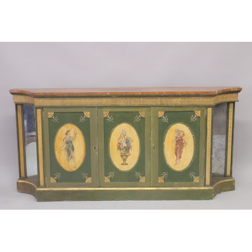 1024 - A VERY GOOD PAIR OF PAINTED SHERATON SIDE CABINETS, FAUX SATINWOOD, painted with garlands, the front... 