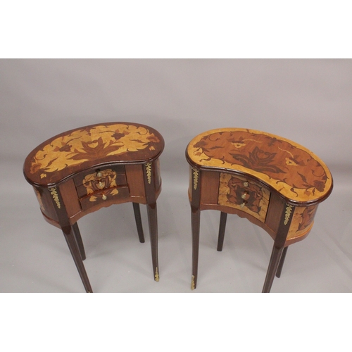 1026 - A GOOD PAIR OF LOUIS XVITH STYLE, INLAID KIDNEY SHAPED BEDSIDE CABINET with three drawers. 1ft 8ins ... 