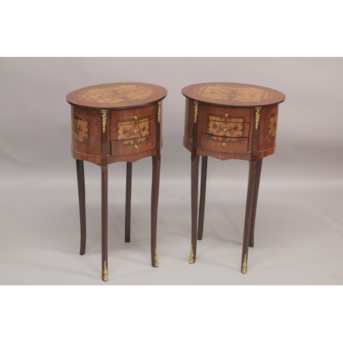 1027 - A GOOD PAIR OF LOUIS XVITH STYLE, INLAID OVAL SHAPED BEDSIDE CABINET with three drawers. 1ft 4ins wi... 