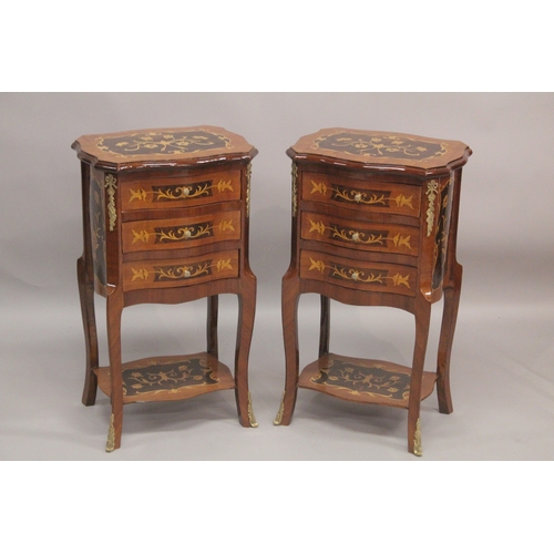 1029 - A GOOD PAIR OF LOUIS XVITH STYLE INLAID BEDSIDE CABINET with three drawers and under tier. 1ft 6ins ... 