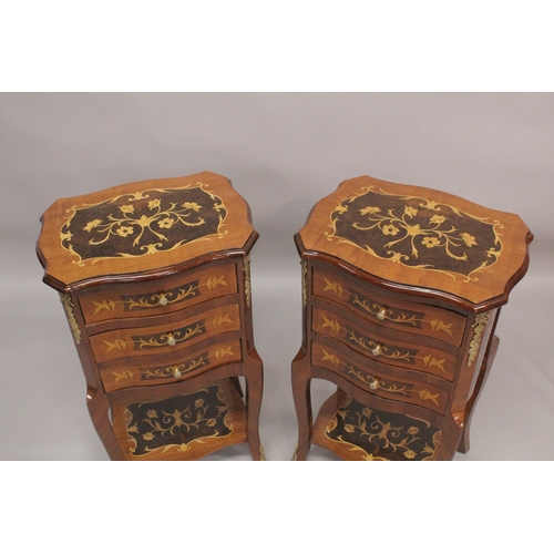 1029 - A GOOD PAIR OF LOUIS XVITH STYLE INLAID BEDSIDE CABINET with three drawers and under tier. 1ft 6ins ... 