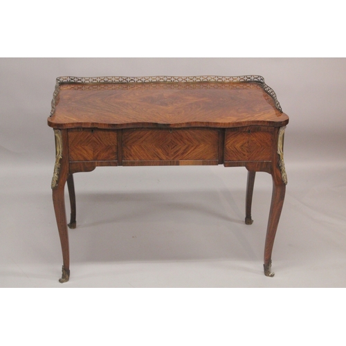 1033 - AGOOD 19TH CENTURY FRENCH KINGWOOD PADROUSE with brass galley and quartered top, three freize drawer... 