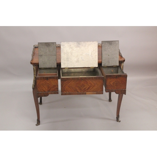 1033 - AGOOD 19TH CENTURY FRENCH KINGWOOD PADROUSE with brass galley and quartered top, three freize drawer... 