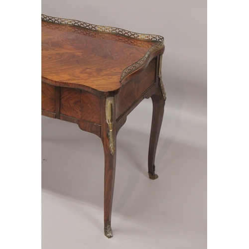 1033 - AGOOD 19TH CENTURY FRENCH KINGWOOD PADROUSE with brass galley and quartered top, three freize drawer... 