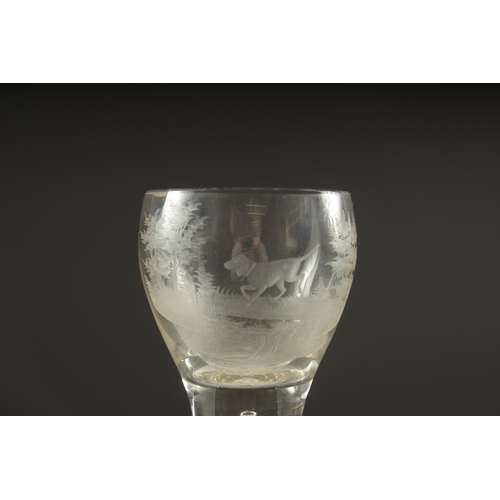 1050A - A LARGE OPAQUE TWIST WINE GLASS, the bowl engraved with a sporting dog .9ins high and a small wine g... 