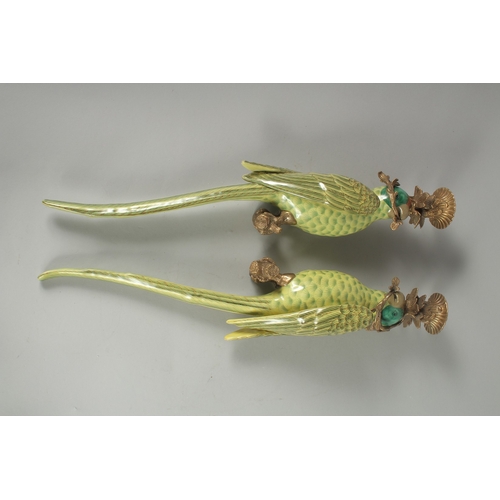 1052 - A GOOD PAIR OF PORCELAIN GREEN  PARROT WALL SCONCES with gilt metal surrounds. 18.5ins long.