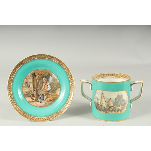 1067 - A PRATT WARE TWO HANDLED MUG AND A PLATE, Il Penseroso,  2ins high (2).