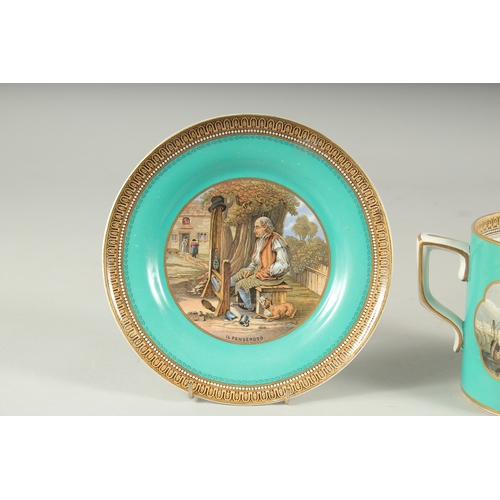 1067 - A PRATT WARE TWO HANDLED MUG AND A PLATE, Il Penseroso,  2ins high (2).