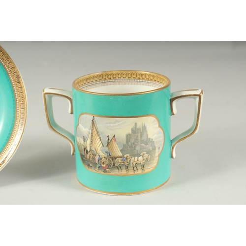 1067 - A PRATT WARE TWO HANDLED MUG AND A PLATE, Il Penseroso,  2ins high (2).