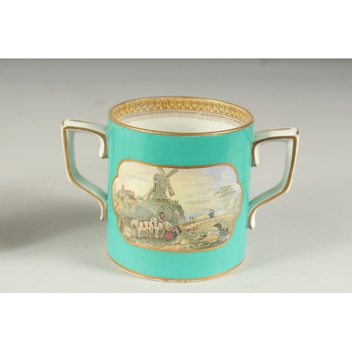 1067 - A PRATT WARE TWO HANDLED MUG AND A PLATE, Il Penseroso,  2ins high (2).