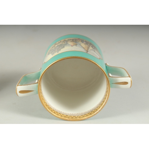 1067 - A PRATT WARE TWO HANDLED MUG AND A PLATE, Il Penseroso,  2ins high (2).