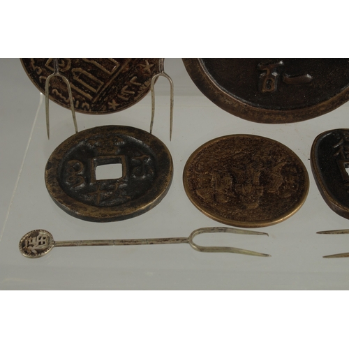 1078 - A COLLECTION OF CHINESE FORTUNE COINS, together with a collection of hairpins, (qty).