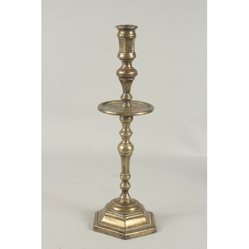 1157 - A CLASSICAL BRONZE HEXAGONAL CANDLESTICK. 15.5ins high.