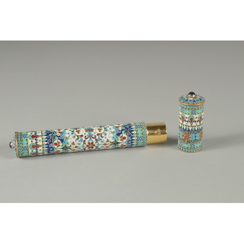 1167 - A GOOD RUSSIAN SILVER AND ENAMEL CIGAR HOLDER. Marks: 84., P P.  19cm long 2.5cm diameter, weight: 1... 