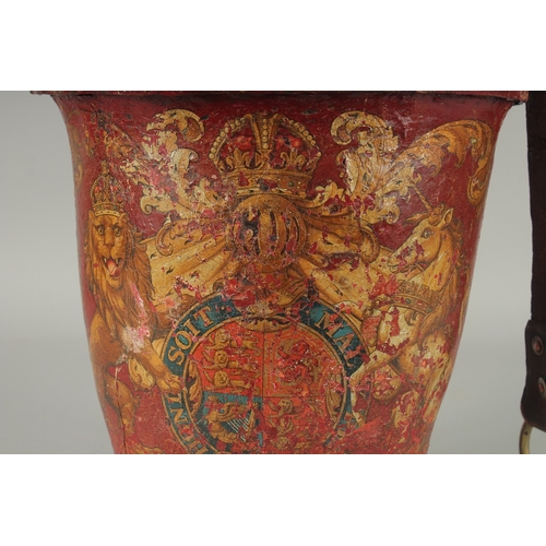 1171 - AN EARLY LEATHER METAL BOUND FIRE BUCKET with Royal Crest. 11ins high.