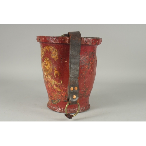 1171 - AN EARLY LEATHER METAL BOUND FIRE BUCKET with Royal Crest. 11ins high.