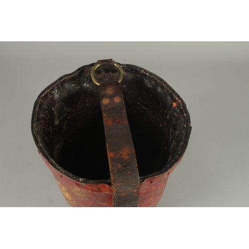 1171 - AN EARLY LEATHER METAL BOUND FIRE BUCKET with Royal Crest. 11ins high.