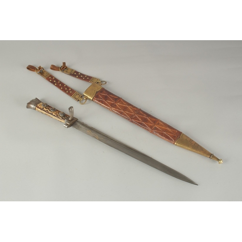 1177 - A GERMAN KNIFE with 13ins blade and bone handle, in a leather sheath.