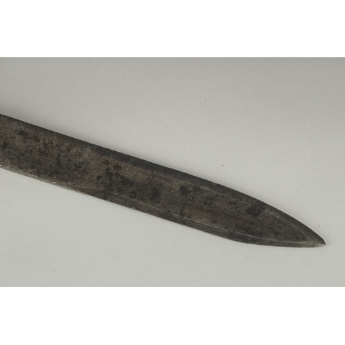 1179 - A GERMAN KNIFE with 13ins engraved blade, bone handle, in a leather sheath.