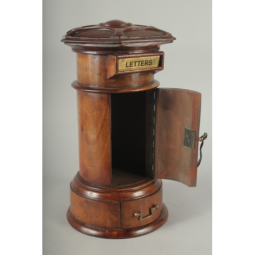 1223 - A GOOD GEORGIAN STYLE MAHOGANNY CIRCULAR LETTER BOX with letter opening single door and drawer below... 